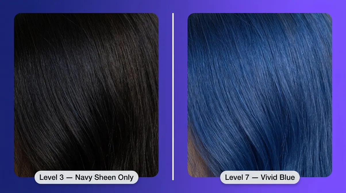 Blue hair dye on dark hair versus light hair showing realistic results difference by base level