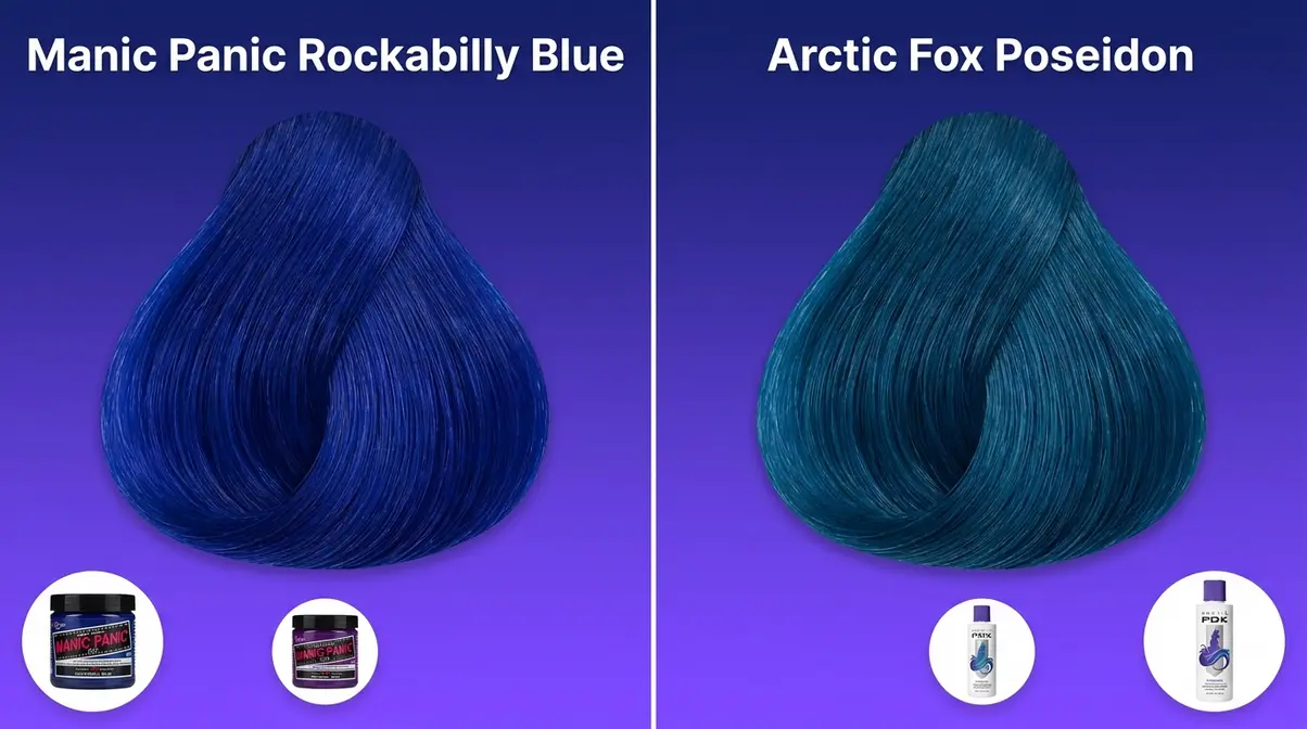 Manic Panic Rockabilly Blue versus Arctic Fox Poseidon color swatches on Level 8 bleached hair