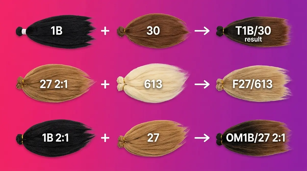 Braiding hair blend formula visual showing color bundle pairs and their combined result swatches for five popular combinations