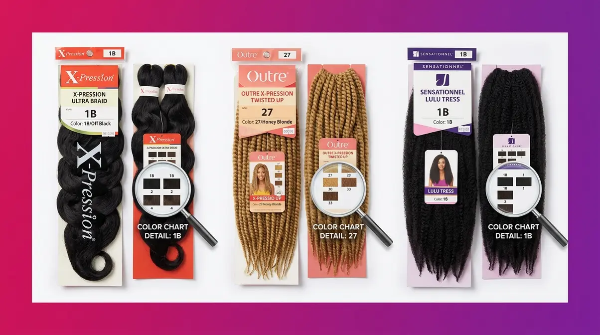 Three braiding hair brand packages from Xpression Outre and Sensationnel showing color chart labels side by side