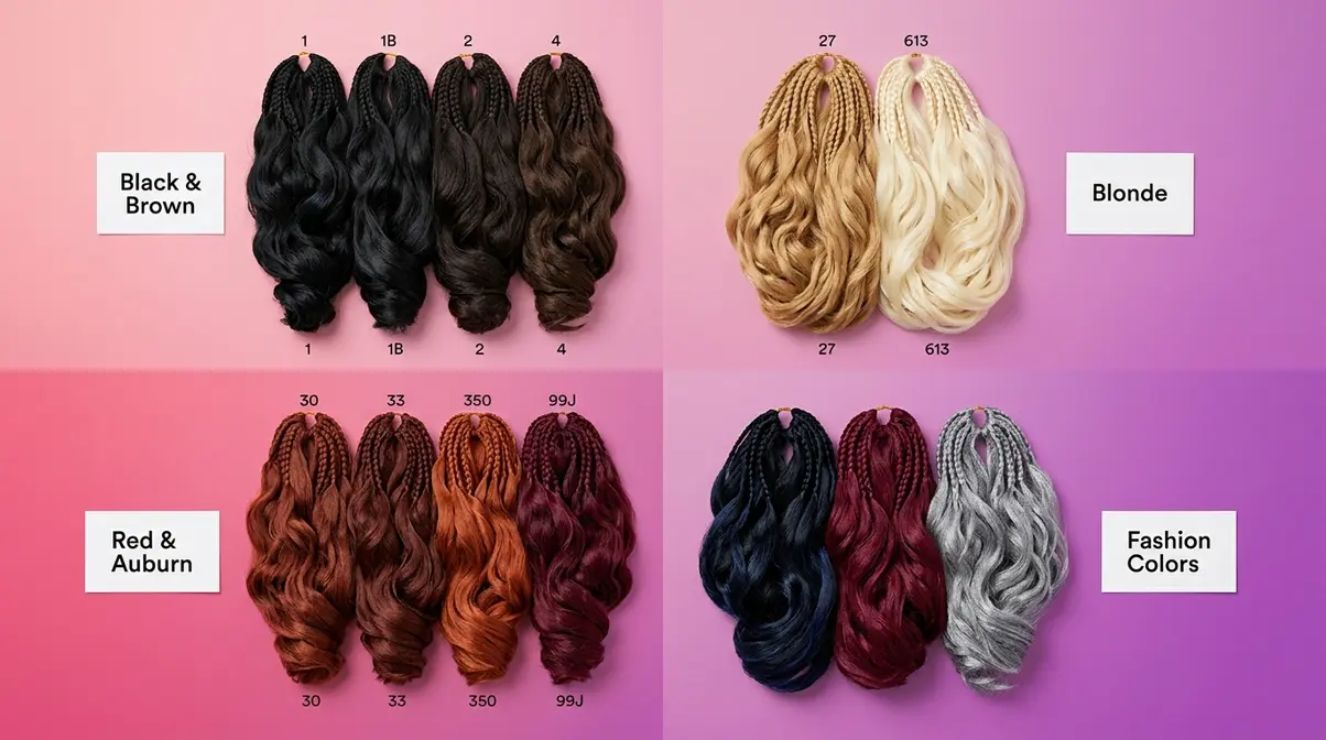 Braiding hair color families arranged in four groups showing black brown blonde red auburn and fashion shades