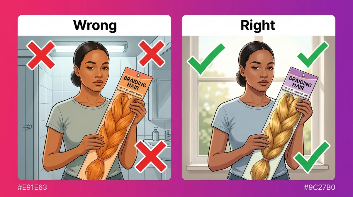 Two-panel illustration showing wrong versus right way to check braiding hair color under different lighting conditions