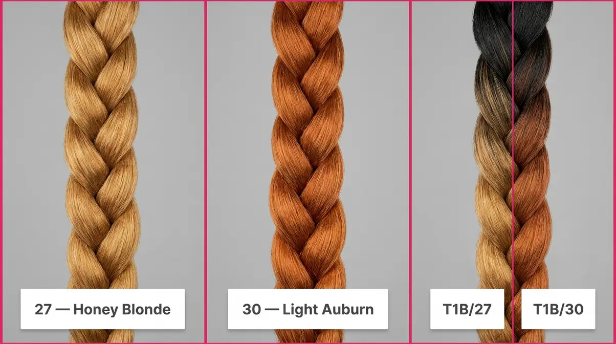 Side-by-side comparison of braiding hair color 27 honey blonde versus color 30 light auburn on installed braids