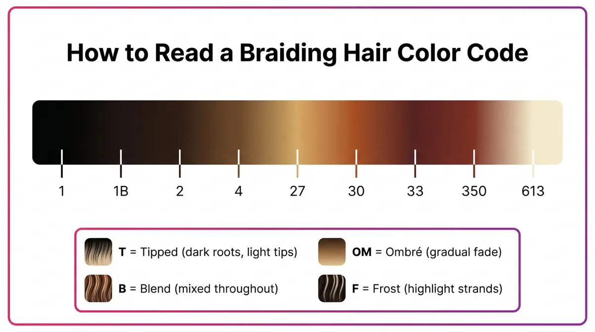 Braiding hair color chart infographic showing Shade Spectrum Scale from 1 to 613 with prefix letter guide
