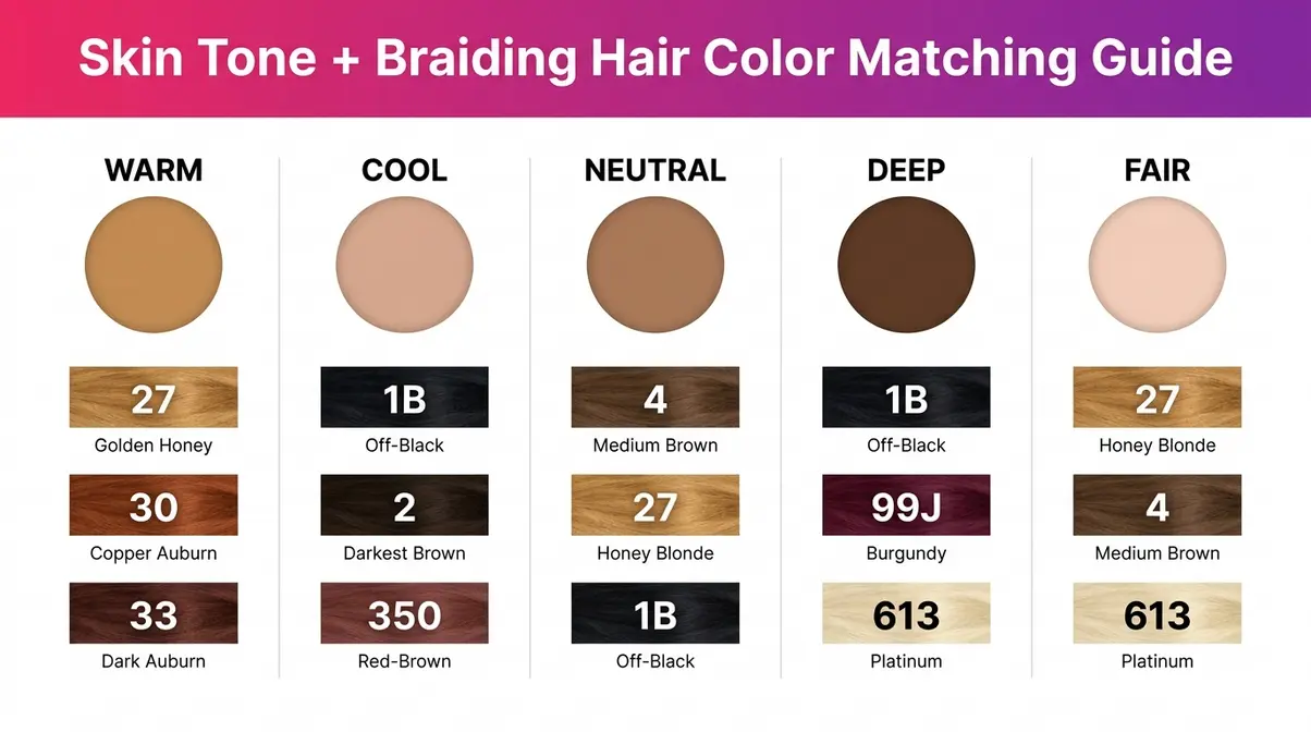 Color family infographic matching braiding hair color chart shades to five skin undertone categories