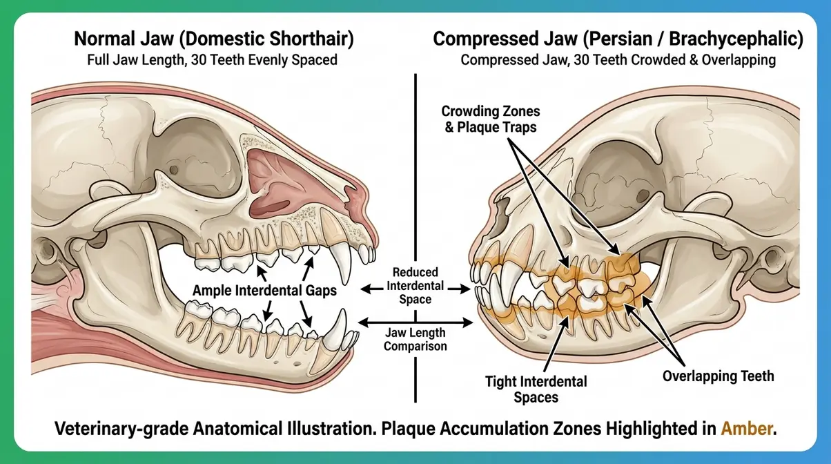 Side-by-side anatomical diagram comparing Persian brachycephalic skull tooth crowding with normal domestic shorthair jaw spacing