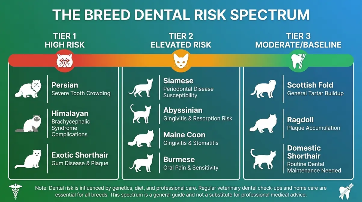 Breed dental risk spectrum infographic mapping ten cat breeds from high-risk Persian to baseline domestic shorthair with risk tier icons