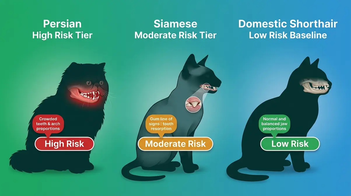 Three cat breed silhouettes showing Persian high-risk, Siamese elevated-risk, and Domestic Shorthair baseline dental risk tiers