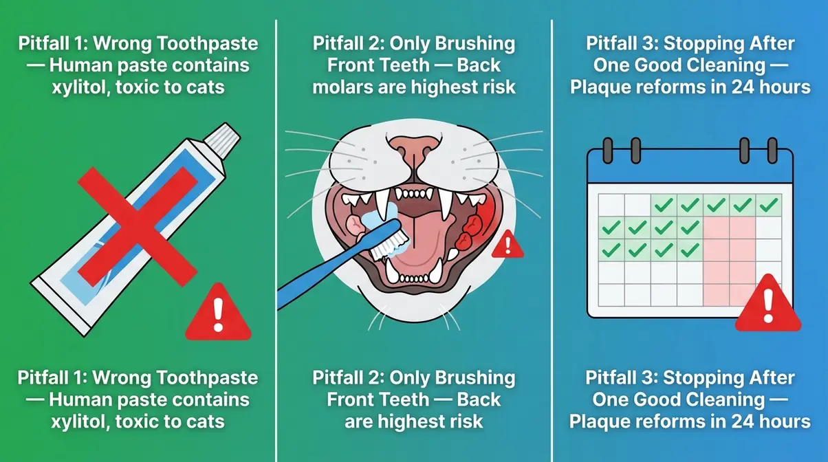 Three-panel illustration of common cat dental care mistakes including wrong toothpaste, missing back molars, and inconsistent brushing