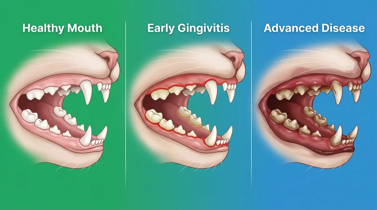 Three-stage illustration of cat dental disease progression from healthy gums to advanced tartar and gingivitis