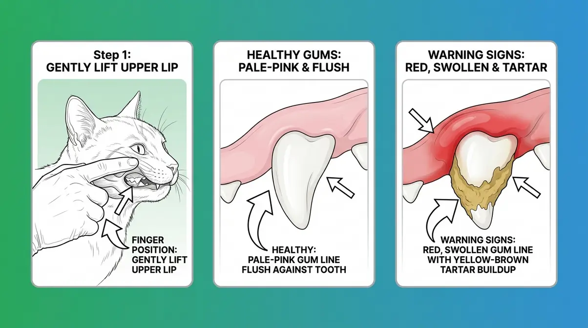 Illustrated diagram of cat lip lift technique showing healthy versus diseased gum color and tartar buildup