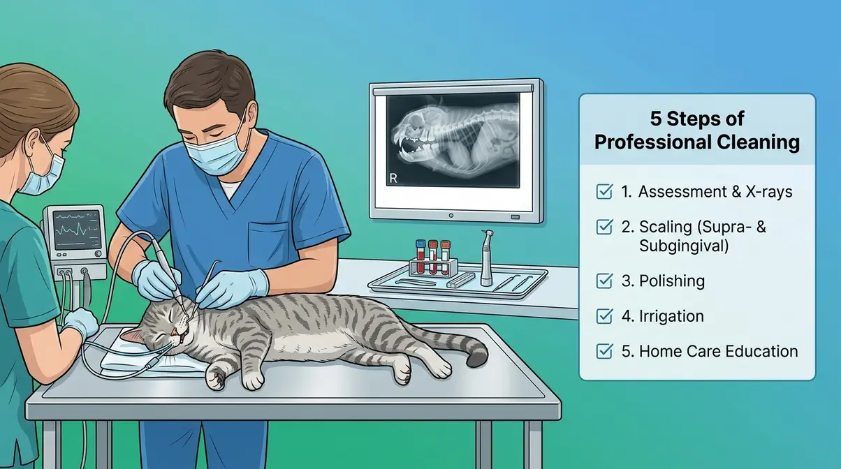 Veterinarian performing professional cat dental cleaning with ultrasonic scaler while dental X-rays display in background