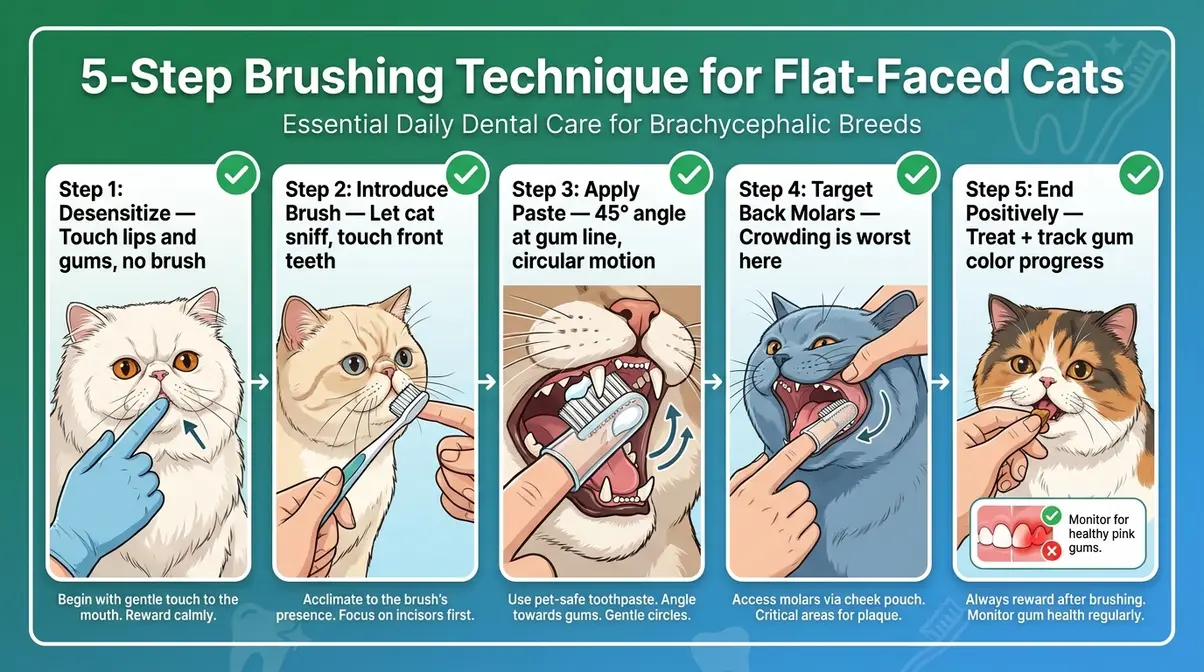 Five-panel illustrated step-by-step brushing technique diagram for brachycephalic flat-faced cat dental care