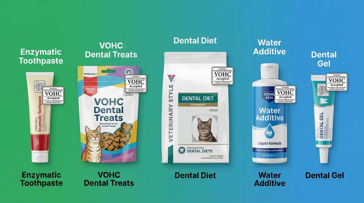 Five VOHC-approved cat dental products including enzymatic toothpaste, dental treats, diet kibble, water additive, and gel