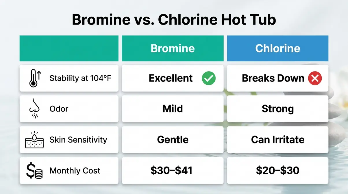 Bromine vs Chlorine Hot Tub: Which Sanitizer Wins? 2 Bromine vs chlorine hot tub infographic comparing stability odor skin sensitivity and monthly cost
