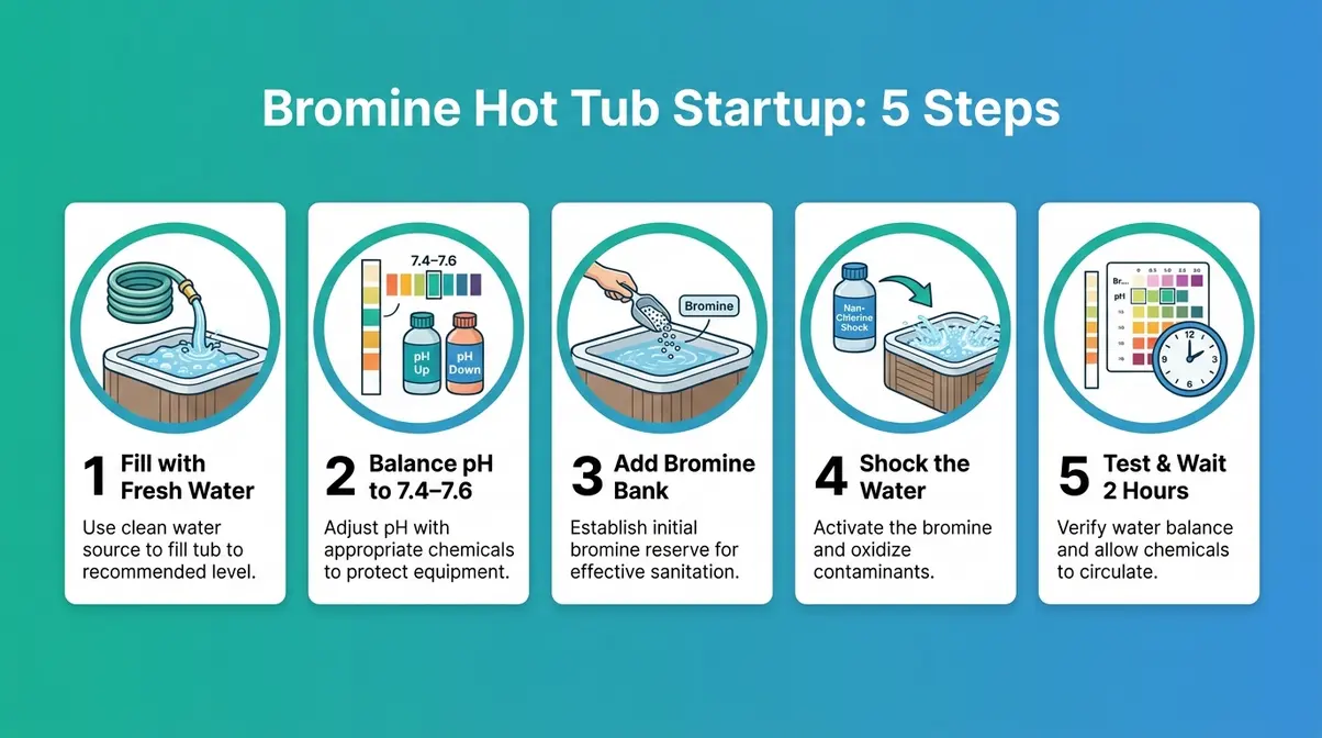 Bromine vs Chlorine Hot Tub: Which Sanitizer Wins? 8 Bromine hot tub startup guide showing five illustrated steps for first-time users