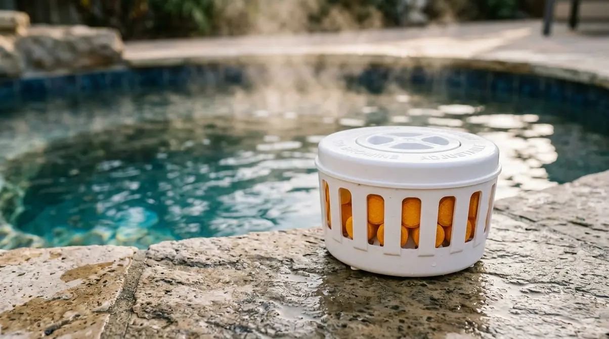 Bromine vs Chlorine Hot Tub: Which Sanitizer Wins? 3 Bromine tablets inside a spa floater resting on a hot tub edge with steaming water