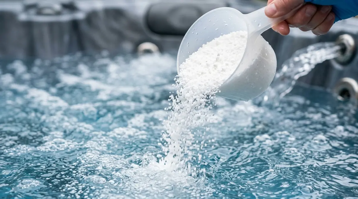 Bromine vs Chlorine Hot Tub: Which Sanitizer Wins? 4 Dichlor chlorine granules being measured and poured into a hot tub for sanitizing