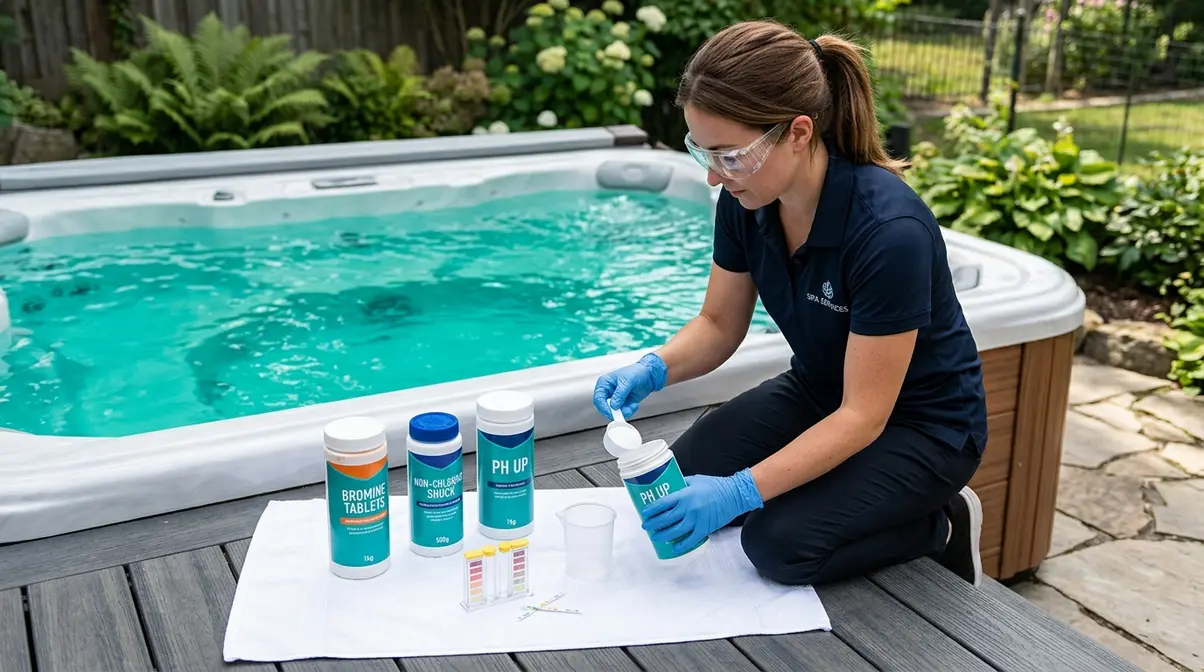 Bromine vs Chlorine Hot Tub: Which Sanitizer Wins? 7 Hot tub owner wearing gloves and safety glasses measuring spa chemicals safely outdoors