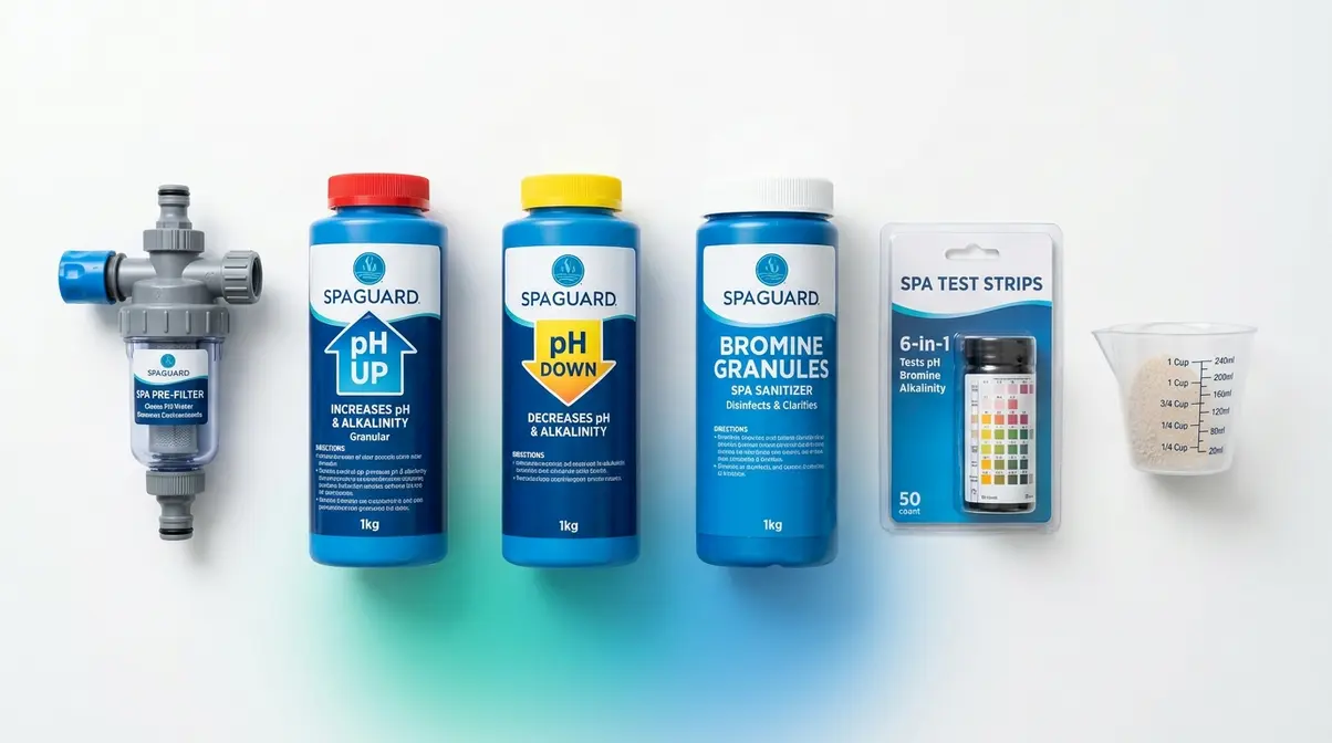 Bromine vs Chlorine Hot Tub: Which Sanitizer Wins? 5 Hot tub startup chemical kit with pH balancers bromine granules and test strips arranged in sequence