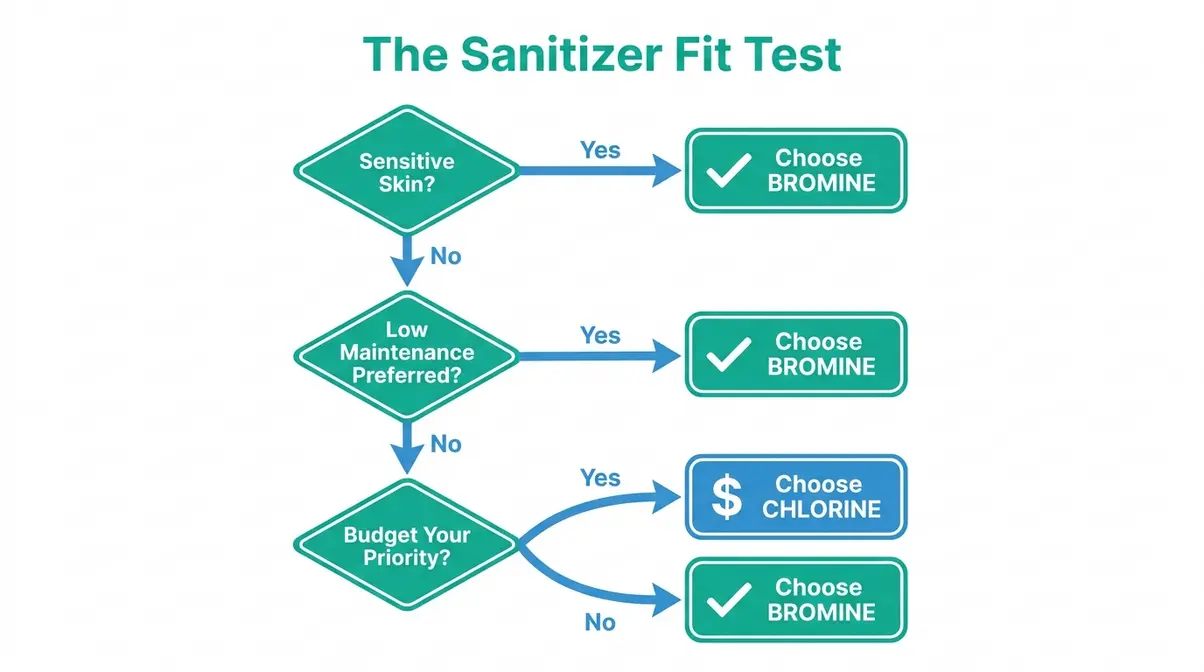 Bromine vs Chlorine Hot Tub: Which Sanitizer Wins? 11 Sanitizer fit test decision flowchart for choosing bromine vs chlorine hot tub sanitizer