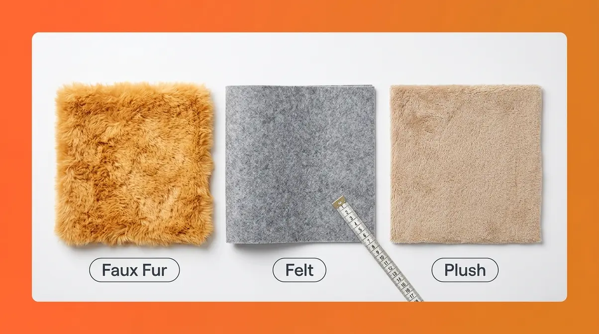 Cat bed buying guide showing faux fur, felt, and plush material swatches for choosing the right donut bed