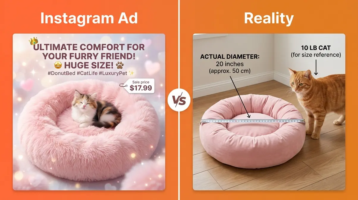 Infographic comparing bubblepup cat bed Instagram ad size versus actual dimensions beside a ten-pound cat