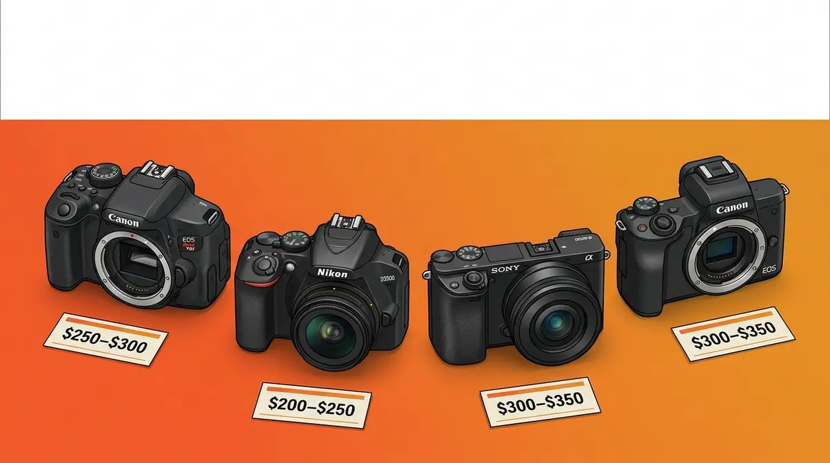 Four budget camera bodies compared including Canon Rebel T6i Nikon D3500 and Sony a6000 for beginner photographers