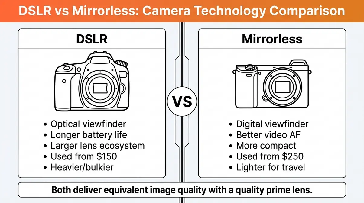 DSLR versus mirrorless camera comparison diagram for beginner budget photography gear decisions
