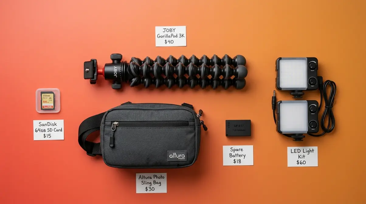 Essential budget photography accessories including SD card GorillaPod camera bag spare battery and LED light kit