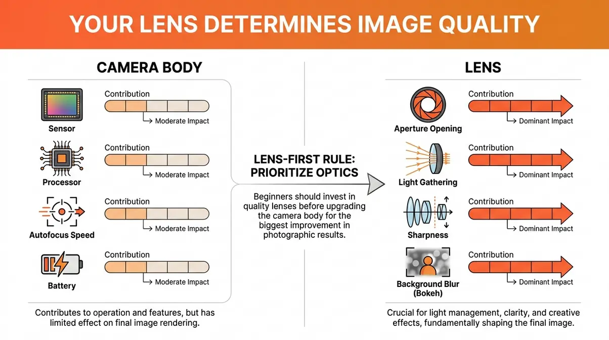 Diagram comparing lens versus camera body impact on image sharpness and background blur for budget photography gear