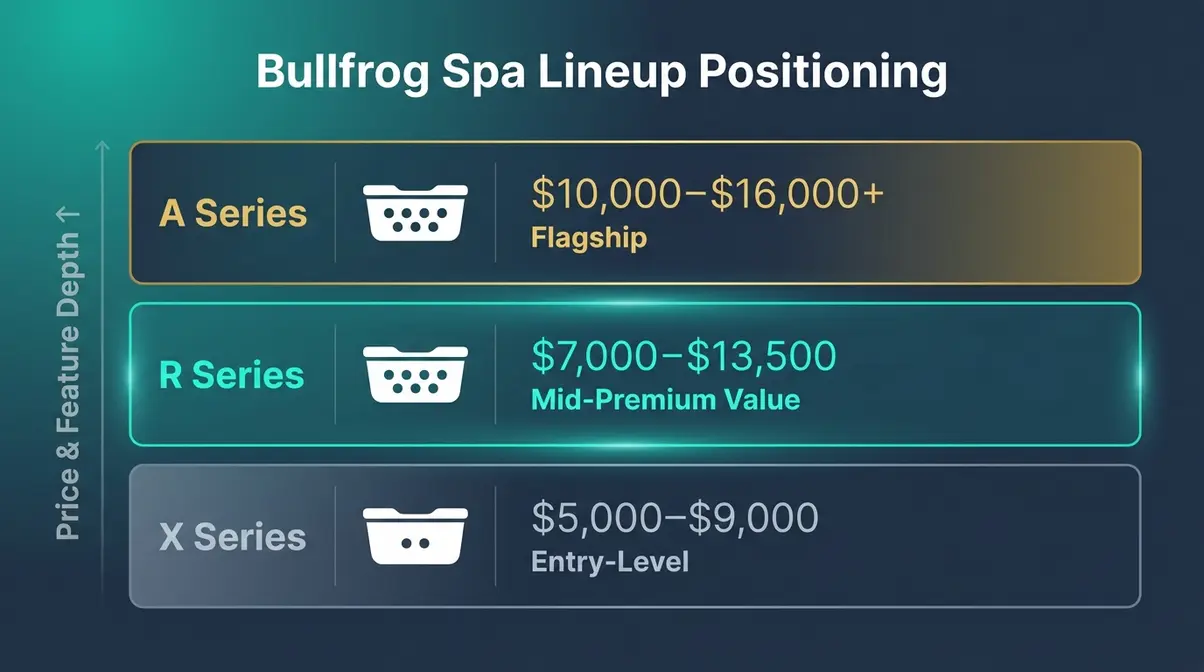 Bullfrog Spas R Series Review 2026: Pros, Cons & Verdict 6 Infographic chart showing Bullfrog X Series, R Series, and A Series positioned by price and feature tier