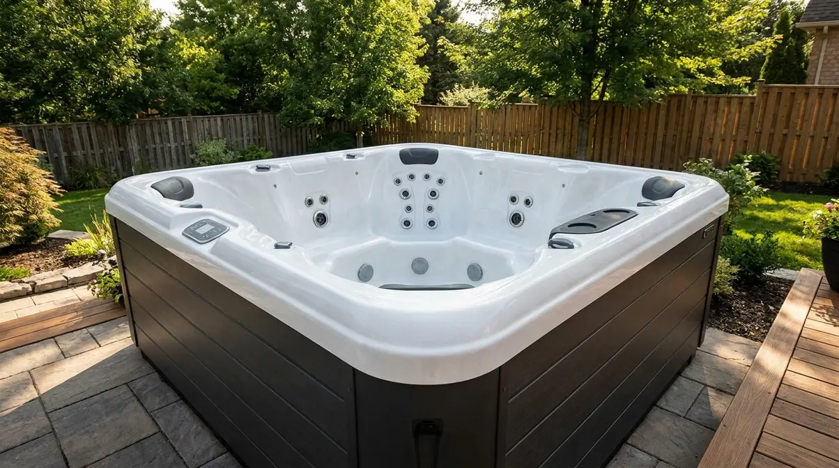 Bullfrog Spas R Series Review 2026: Pros, Cons & Verdict 1 Bullfrog Spas R Series hot tub installed on a backyard patio showing clean cabinet design and JetPak panels