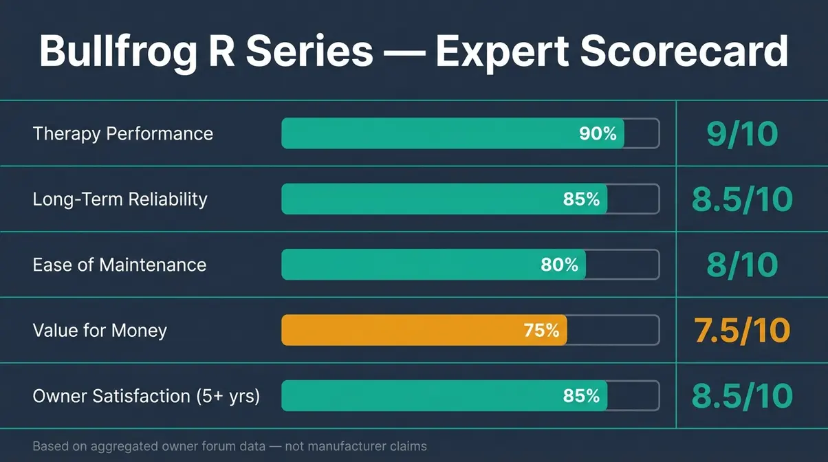 Bullfrog Spas R Series Review 2026: Pros, Cons & Verdict 8 Bullfrog R Series evaluation scorecard rating therapy performance, reliability, maintenance, value, and owner satisfaction