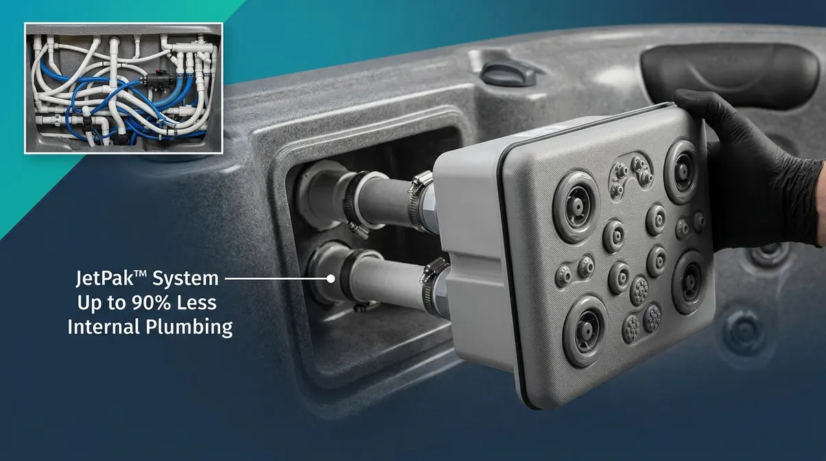 Bullfrog Spas R Series Review 2026: Pros, Cons & Verdict 5 Bullfrog JetPak module removed from spa wall showing minimal internal plumbing connections and self-contained jet design