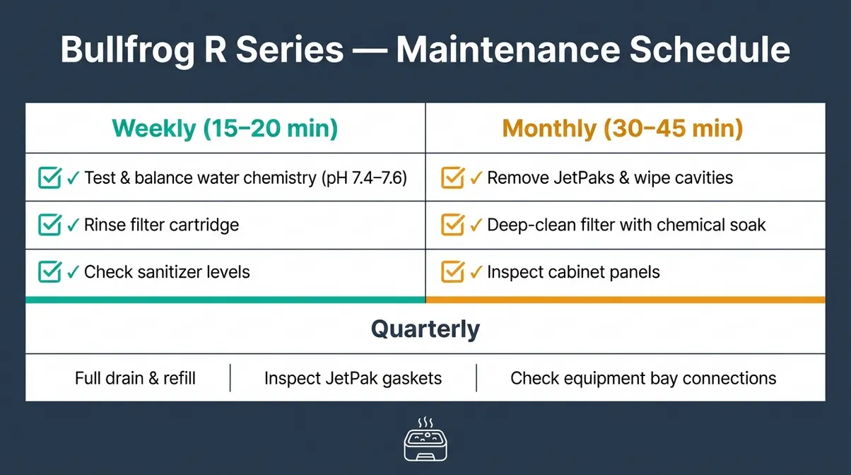 Bullfrog Spas R Series Review 2026: Pros, Cons & Verdict 10 Weekly and monthly maintenance checklist infographic for Bullfrog R Series hot tub owners