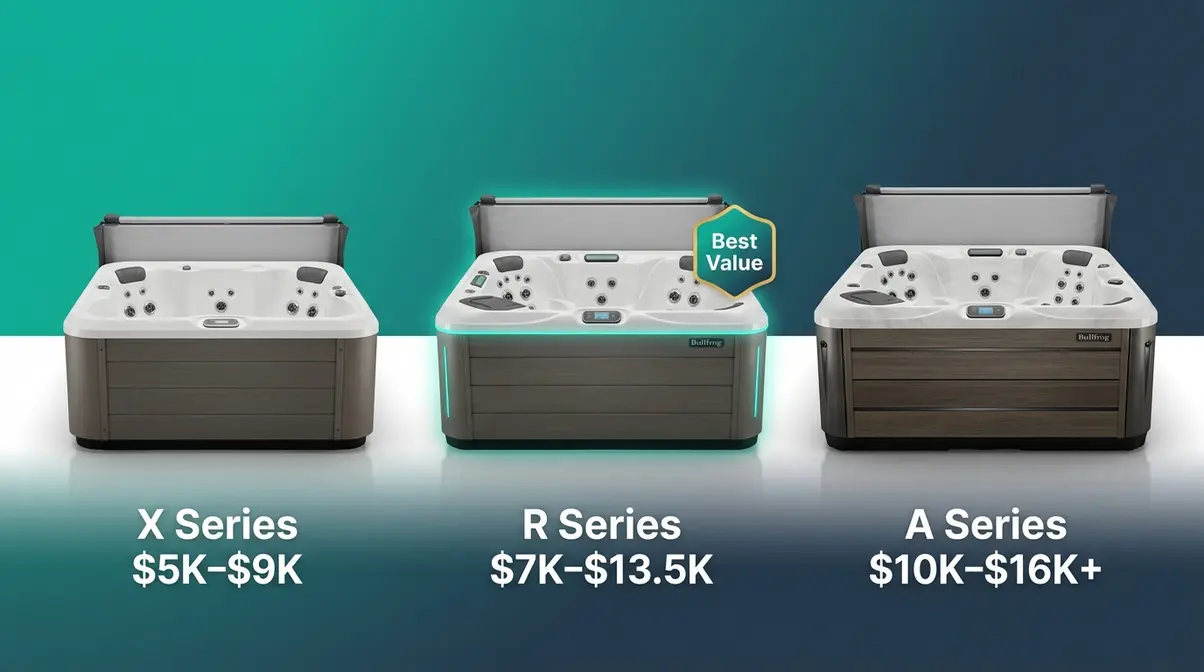 Bullfrog Spas R Series Review 2026: Pros, Cons & Verdict 7 Three Bullfrog spa models side by side comparing X Series, R Series, and A Series size and cabinet differences