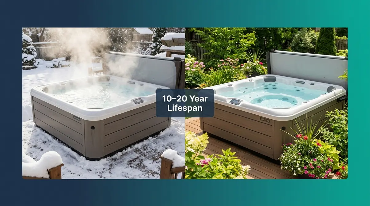 Bullfrog Spas R Series Review 2026: Pros, Cons & Verdict 12 Bullfrog R Series hot tub shown in winter and summer settings illustrating long-term durability and EnduraFrame reliability