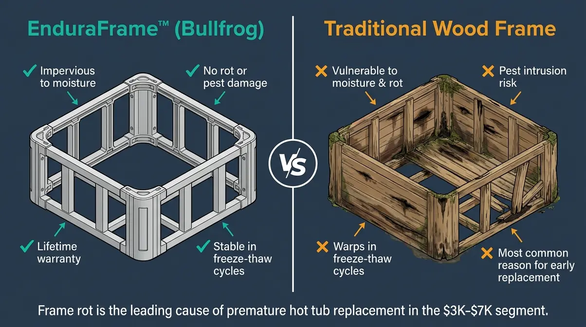 Bullfrog Spas R Series Review 2026: Pros, Cons & Verdict 13 Side-by-side comparison of Bullfrog EnduraFrame polyethylene construction versus a traditional wood spa frame with moisture damage