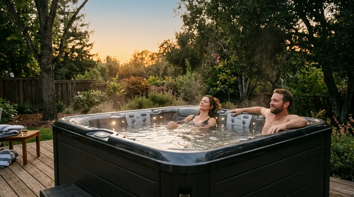 Bullfrog Spas R Series Review 2026: Pros, Cons & Verdict 9 Couple relaxing in Bullfrog R Series hot tub on a backyard deck showing JetPak panels and contoured seating