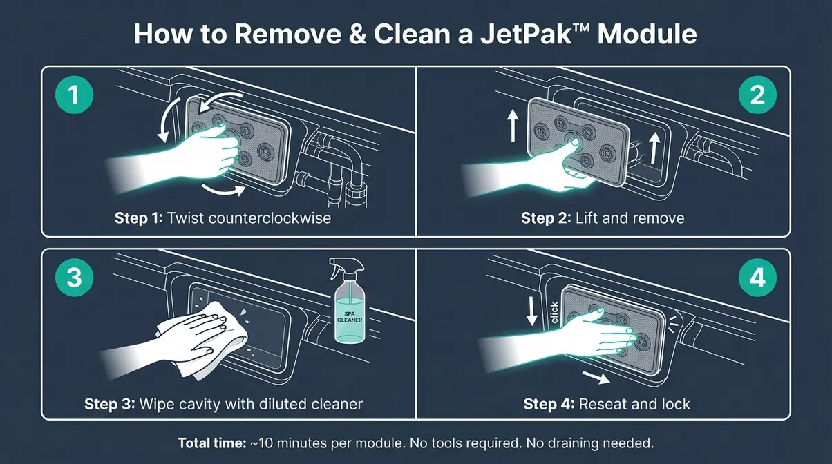 Bullfrog Spas R Series Review 2026: Pros, Cons & Verdict 11 Step-by-step diagram showing how to remove a Bullfrog JetPak module and clean the cavity behind it