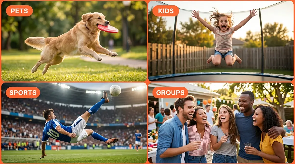 Burst mode photography action scenarios showing pets, kids, sports, and group portrait examples