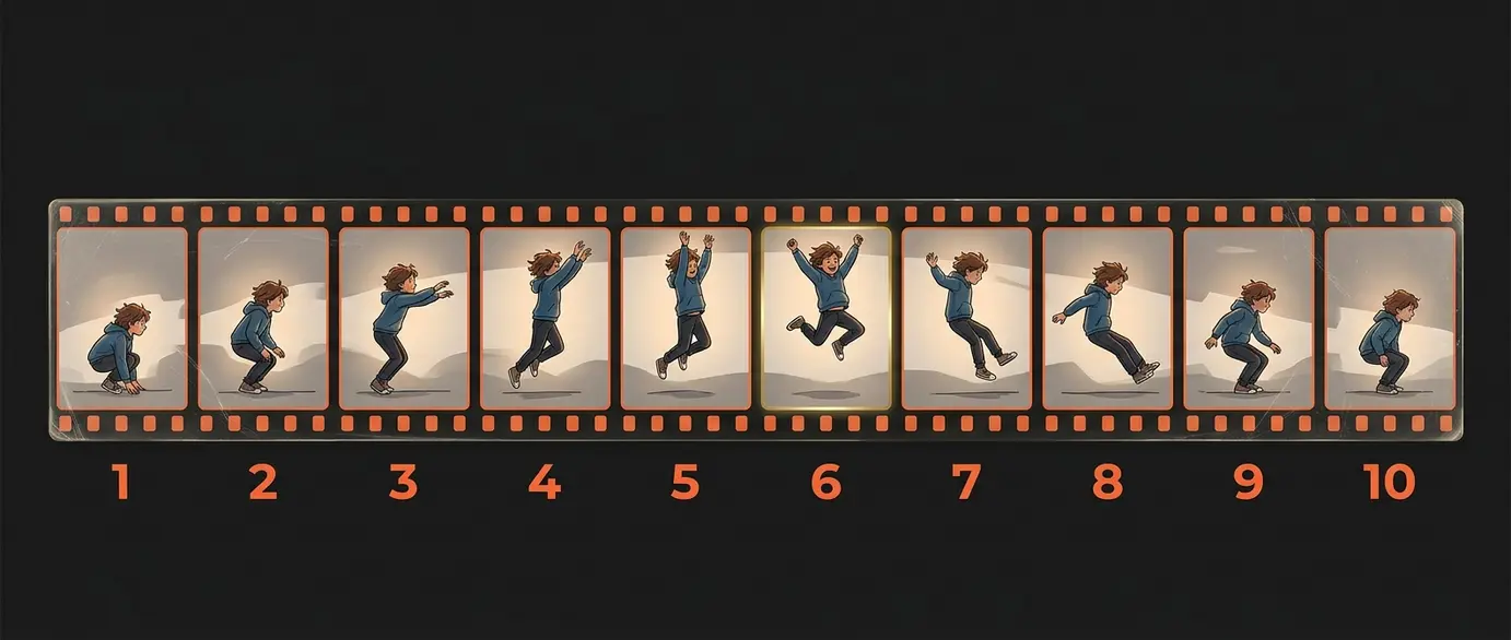 Burst mode photography sequence showing 10 frames of a child jumping in filmstrip layout