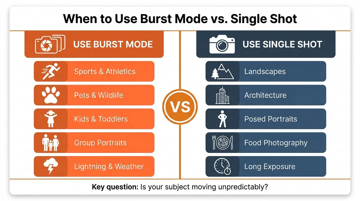 Burst mode photography vs single shot infographic showing best use cases for each method
