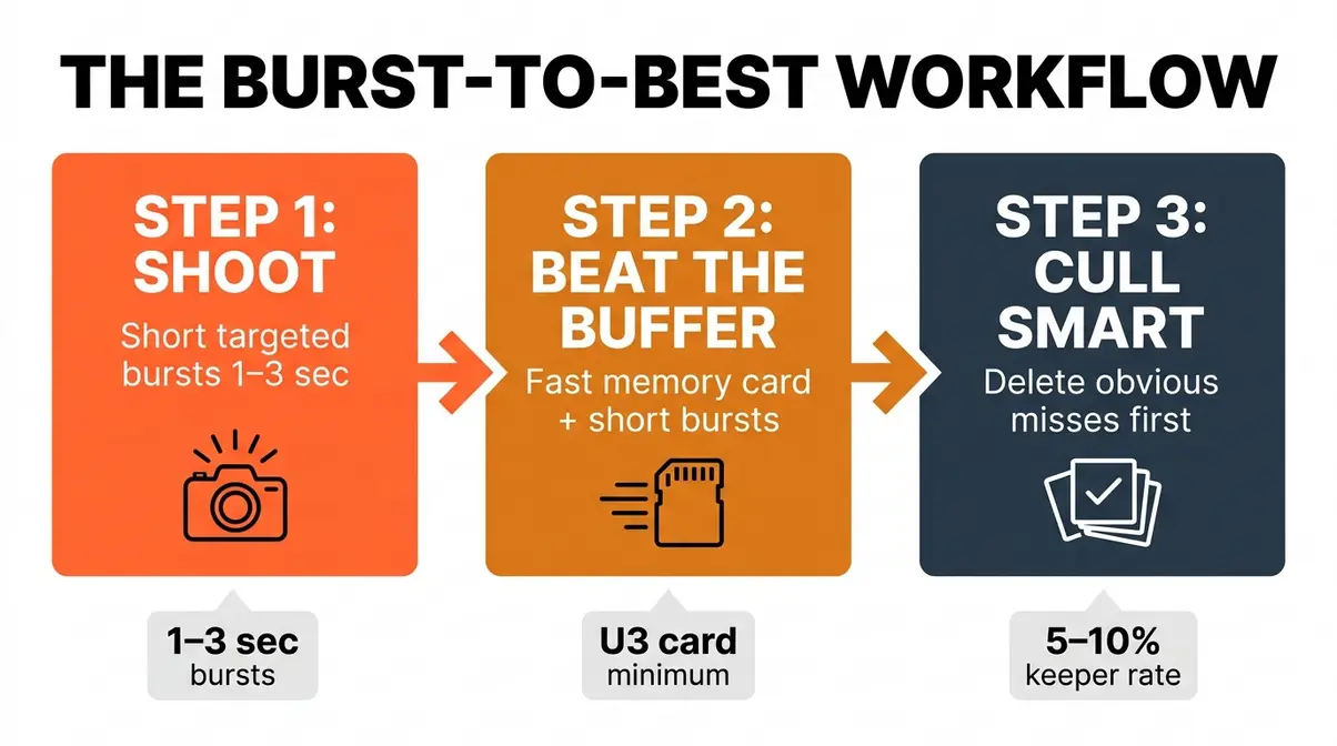 Burst-to-Best workflow diagram showing three steps for managing burst mode photography photos