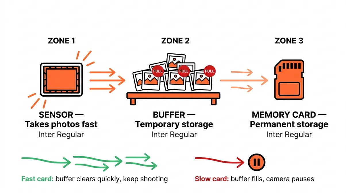 Camera buffer diagram showing how photos move from sensor to buffer to memory card during burst shooting