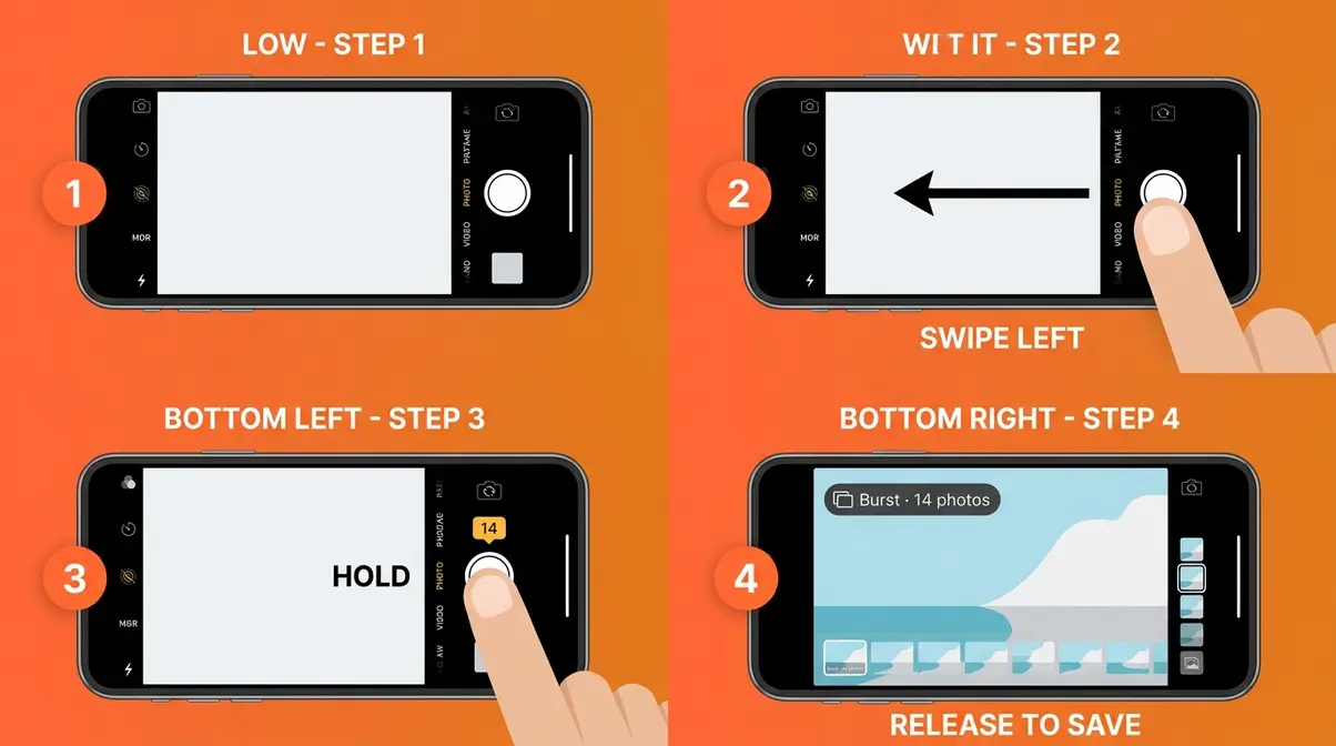 iPhone burst mode photography activation steps showing swipe left gesture in four-step diagram