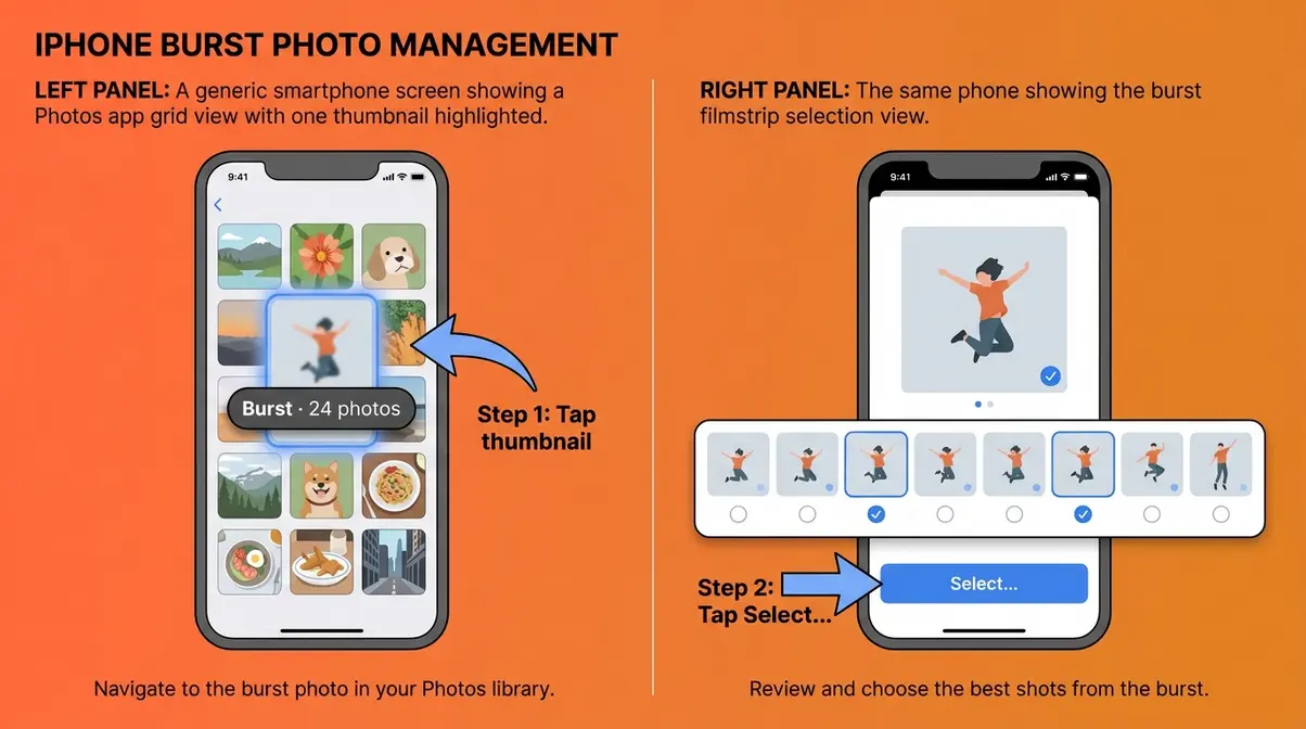 iPhone burst photos selection screen showing filmstrip view with tap select interface