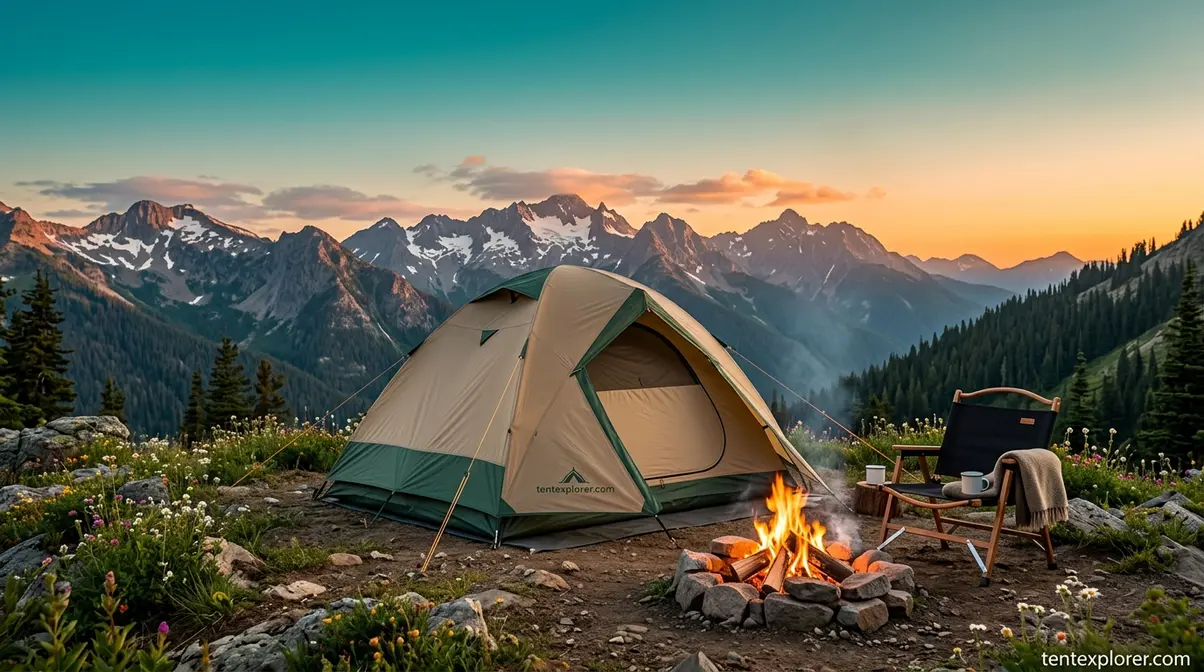 Premium camping tent pitched in a mountain landscape representing long-term outdoor gear ownership