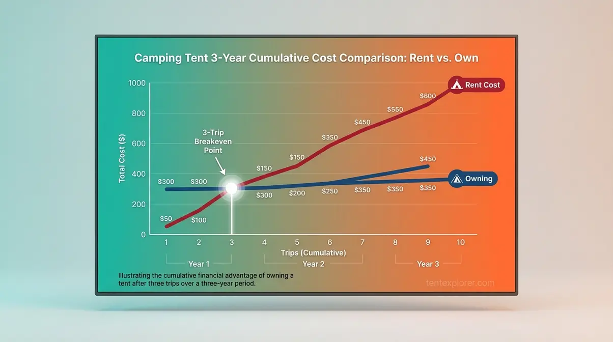 Buying vs renting a camping tent cost comparison chart showing 3-year cumulative costs